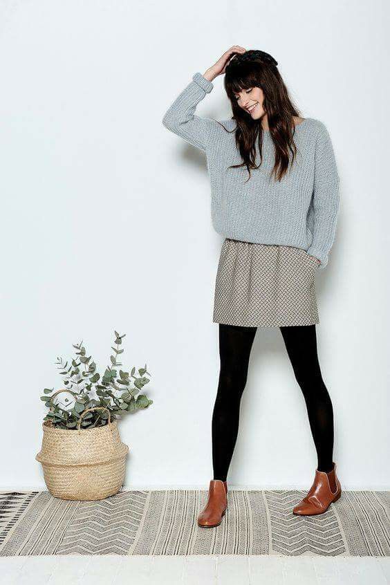 Light Blue Knit Sweater with Mini Skirt